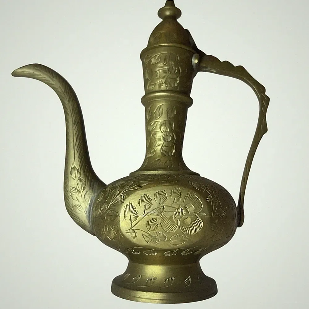Brass Home Decor Perfume Oil Decanter Carved Lid Intact 6" Maximalism MCM