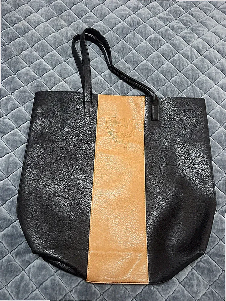 MCM Parfums Limited Ed Large Faux Leather Black Cognac Brown Tote Bag NWOT