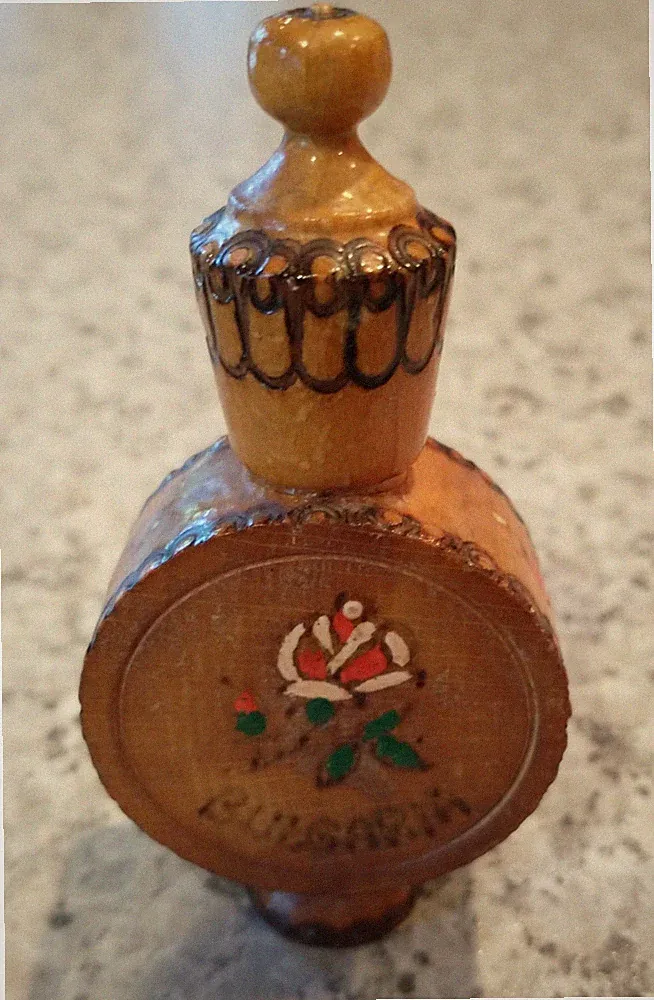 Perfume Bottle Bulgarian Rose Oil Hand-Painted Wood 1950's VINTAGE MCM