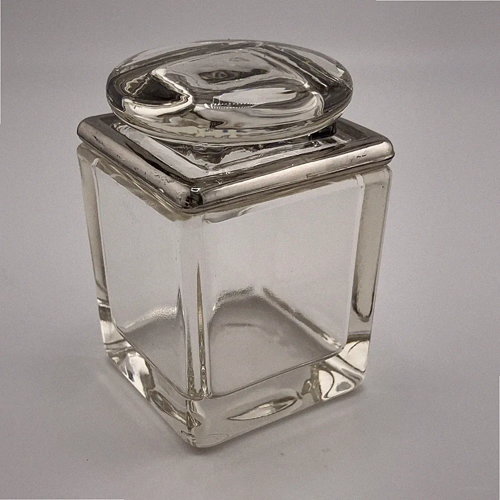Vintage MCM Clear Glass Dresser Jar with Silver Tone Lid Square