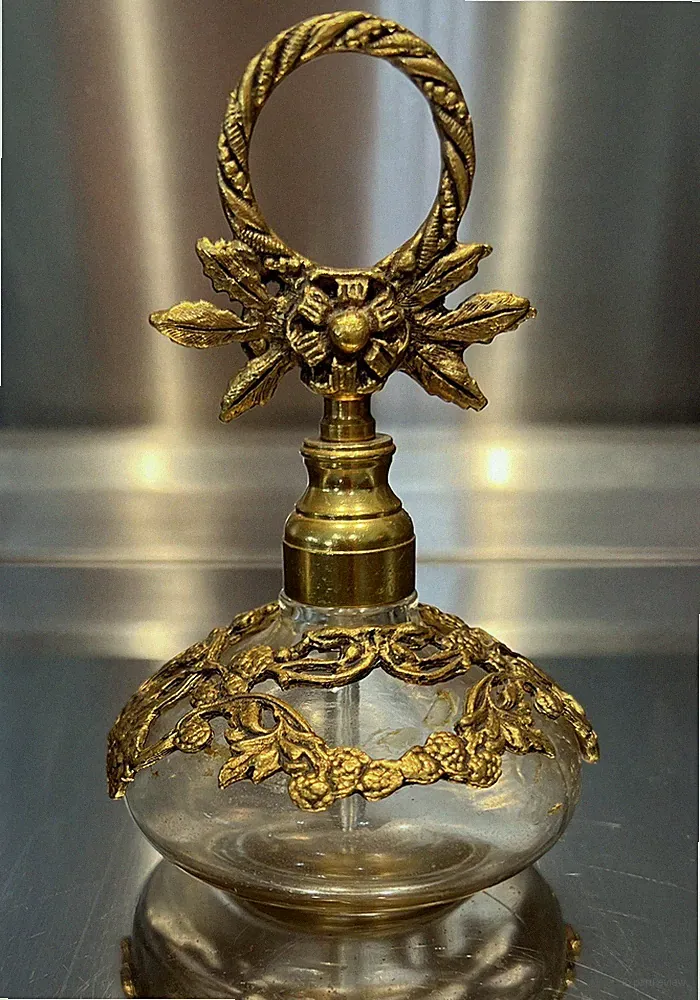 Vintage MCM Gilded Gold Metal And Glass Floral Design Parfumerie Bottle