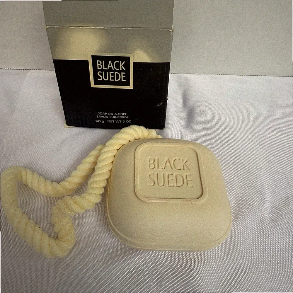 Vintage MCM NEW Avon Square Soap on a Rope Black Suede Cologne Fragrance Bath