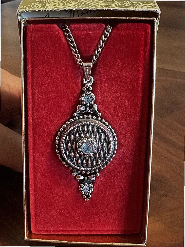 Vintage Studio Girl Jeweled Solid Perfume Locket Necklace Silver Tone W/Box MCM