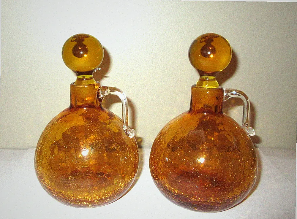Vtg MCM Crackle Glass Perfume Bottles Cuets Set 2 Amber Round Handle Blown
