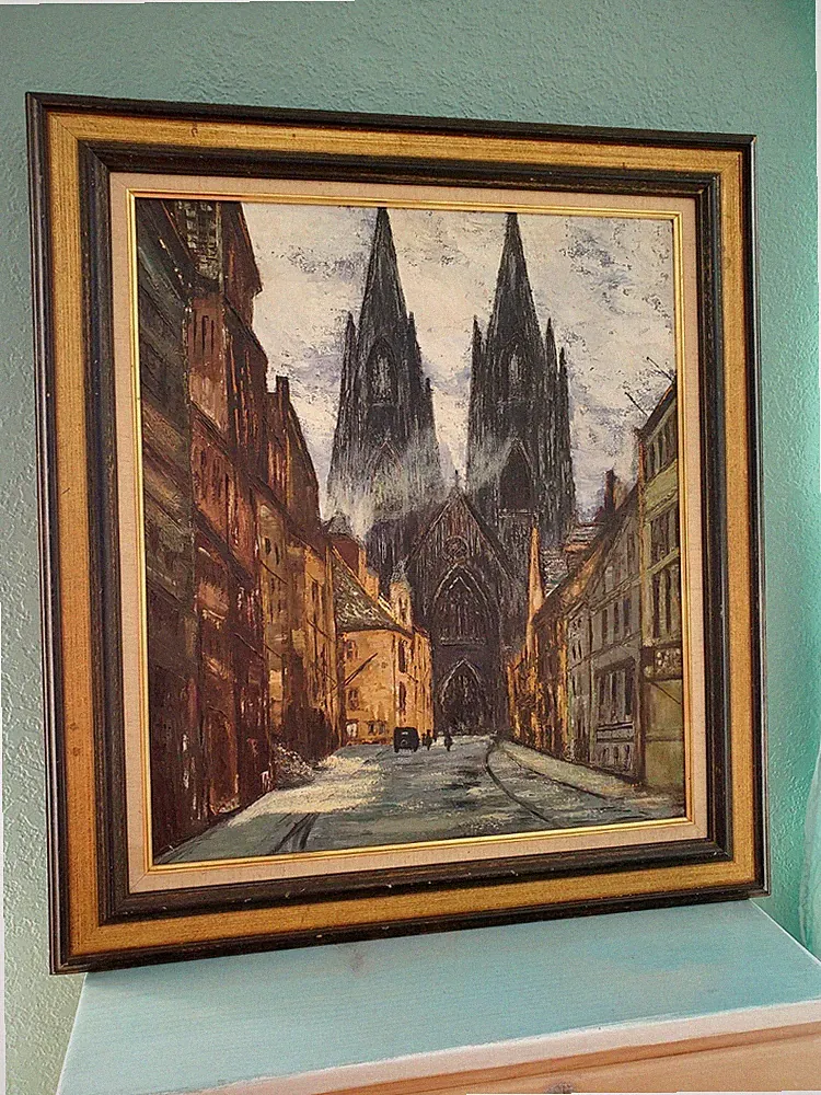 VTG MCM Oil on Canvas Mystery Painting Signed Cologne Cathedral Germany Gothic