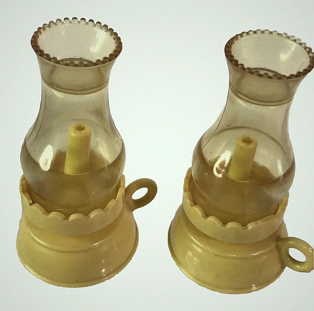 Vtg Perfume Bottle Miniature Finger Oil Lamps Yellow Plastic 60s Toy Doll MCM